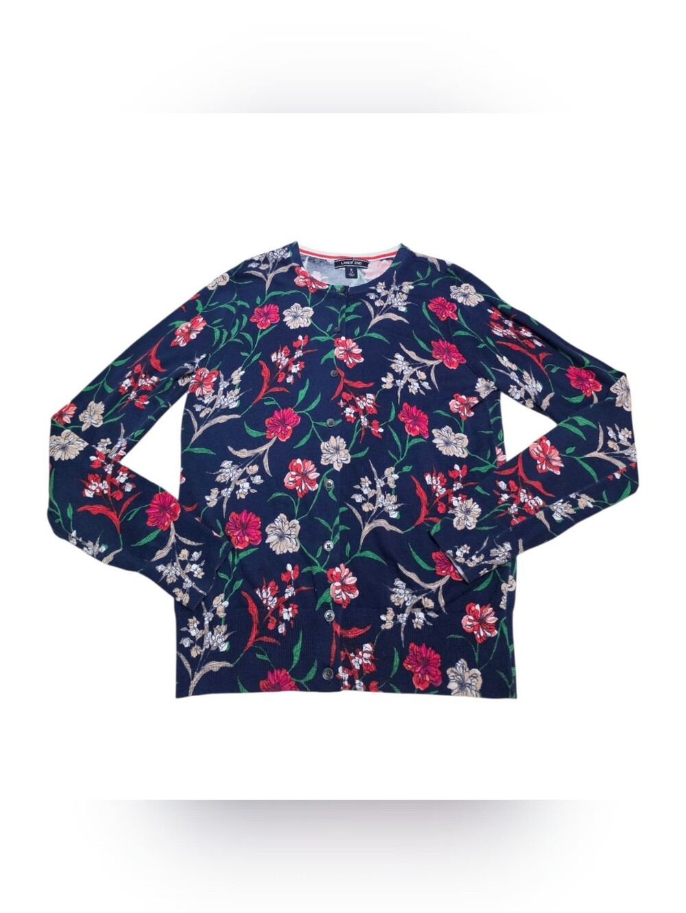 Lands' End Navy Floral Button-Up Sweater - Red & Cream Flowers